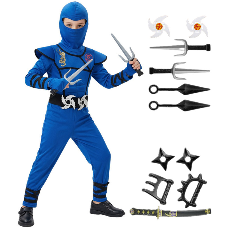 Kids Toys Set - ชุดนินจาสีดำและสีน้ำเงินสำหรับเด็ก ชุดคอสเพลย์ปาร์ตี้ฮาโลวีน พร้อมหน้ากากของเล่น ของขวัญสำหรับเด็กชายและเด็กหญิง ชุดแฟนซีสำหรับงานปาร์ตี้วันหยุด