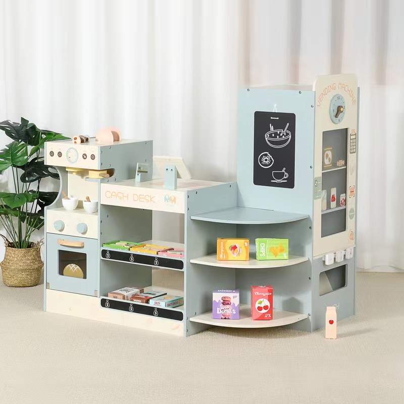 Kids Toys Vending Machine - ชุดของเล่นร้านขายของชำไม้สำหรับเด็ก ชุดของเล่นร้านค้าไม้ ซูเปอร์มาร์เก็ตไม้ พร้อมเครื่องคิดเงินสดและเครื่องขายกาแฟ
